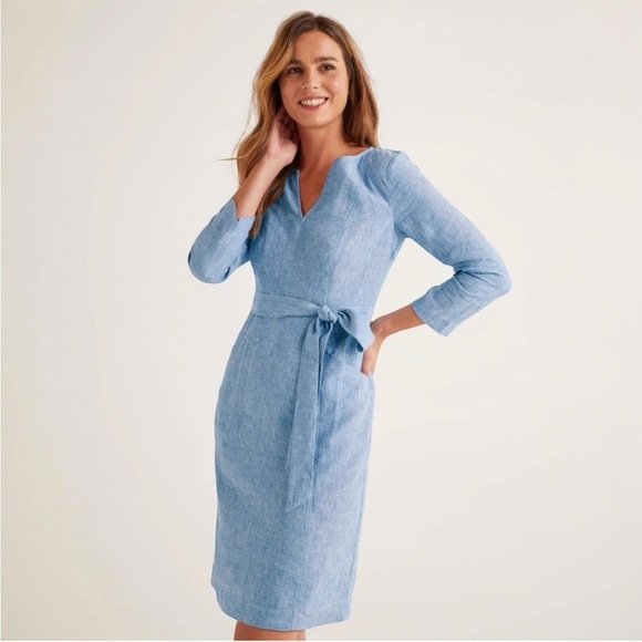 Boden Kelsey Tunic Dress Chambray Blue Linen 3/4 Sleeve Tie Belt Size 12 NWT - Picture 3 of 14
